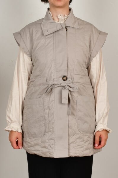 Allday W90044A0 Taş Kadın Düğmeli Kemerli Kapitone Yelek