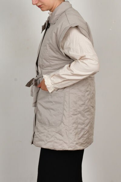 Allday W90044A0 Taş Kadın Düğmeli Kemerli Kapitone Yelek