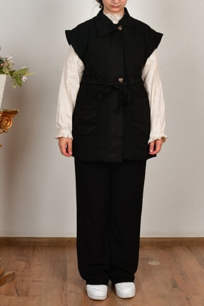 Allday W90044A0 Siyah Kadın Düğmeli Kemerli Kapitone Yelek