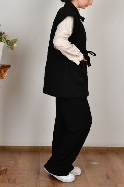 Allday W90044A0 Siyah Kadın Düğmeli Kemerli Kapitone Yelek