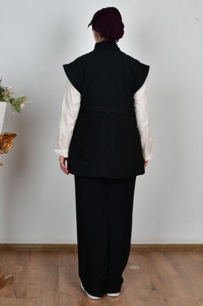 Allday W90044A0 Siyah Kadın Düğmeli Kemerli Kapitone Yelek