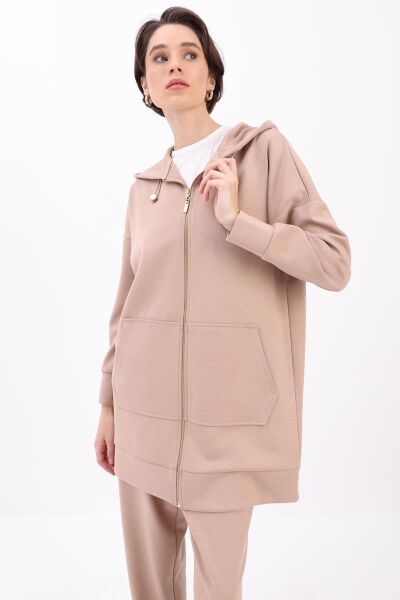 Allday 25OB31079AL0 Vizon Kadın Bağcık İp Kapüşonlu Boydan Fermuarlı Kanguru Cepli Sweat Altında Belden Lastikli Eşorfman Takımı