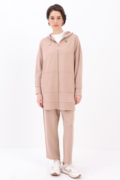 Allday 25OB31079AL0 Vizon Kadın Bağcık İp Kapüşonlu Boydan Fermuarlı Kanguru Cepli Sweat Altında Belden Lastikli Eşorfman Takımı