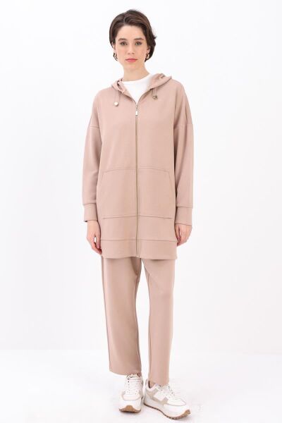 Allday 25OB31079AL0 Vizon Kadın Bağcık İp Kapüşonlu Boydan Fermuarlı Kanguru Cepli Sweat Altında Belden Lastikli Eşorfman Takımı