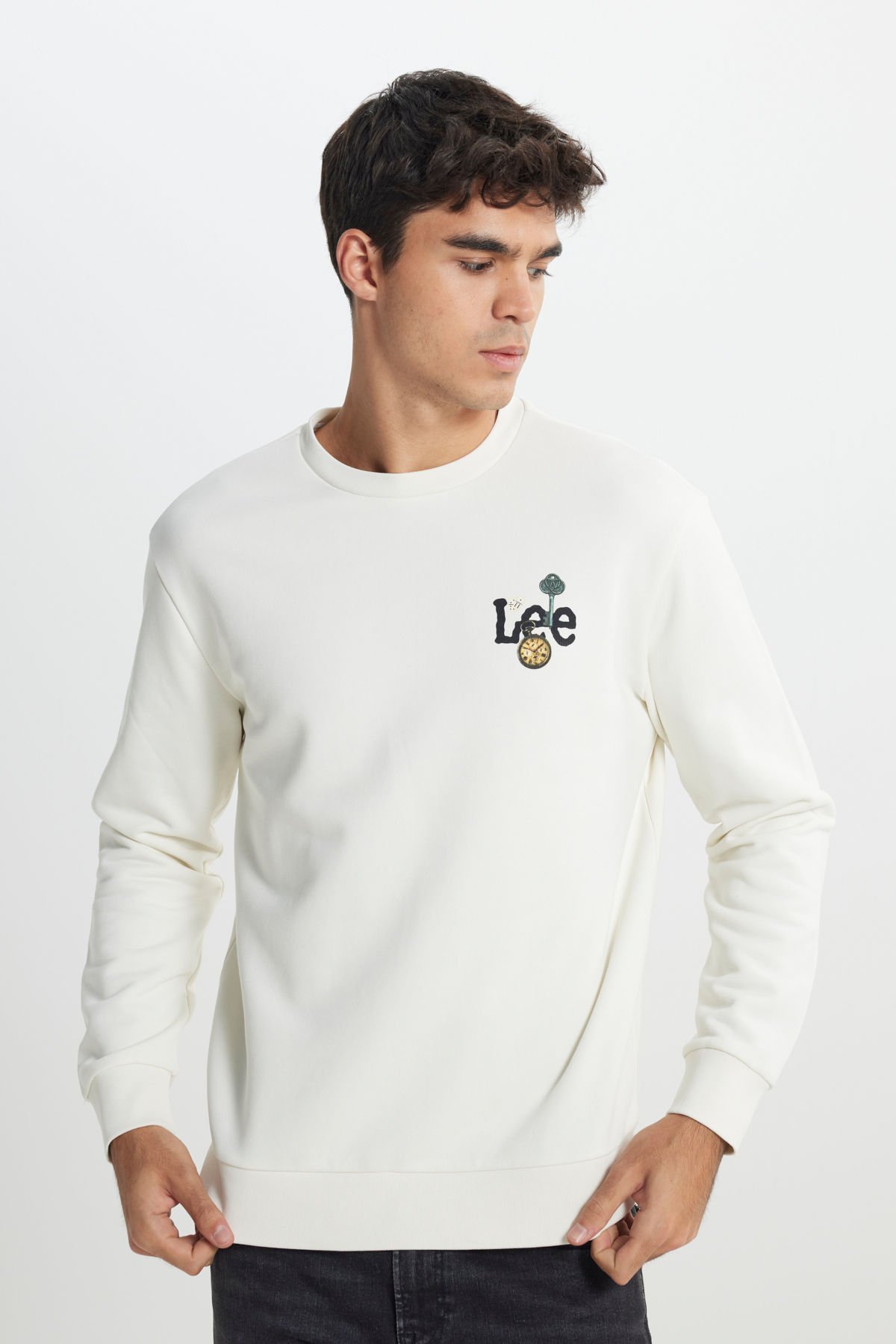 Lee L242503104 Ekru Erkek Saat  Baskılı Bisiklet Yaka Üç İplik Sweat
