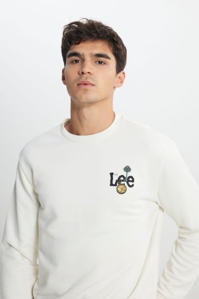 Lee L242503104 Ekru Erkek Saat  Baskılı Bisiklet Yaka Üç İplik Sweat