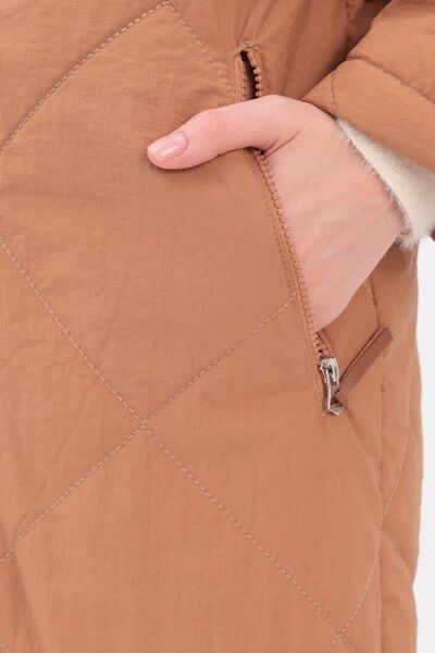 Allday 25DW80025AL0 Toprak Kadın Kapüşonlı Belden Cep Detaylı Boydan Fermuarlı Kapitone Kaban