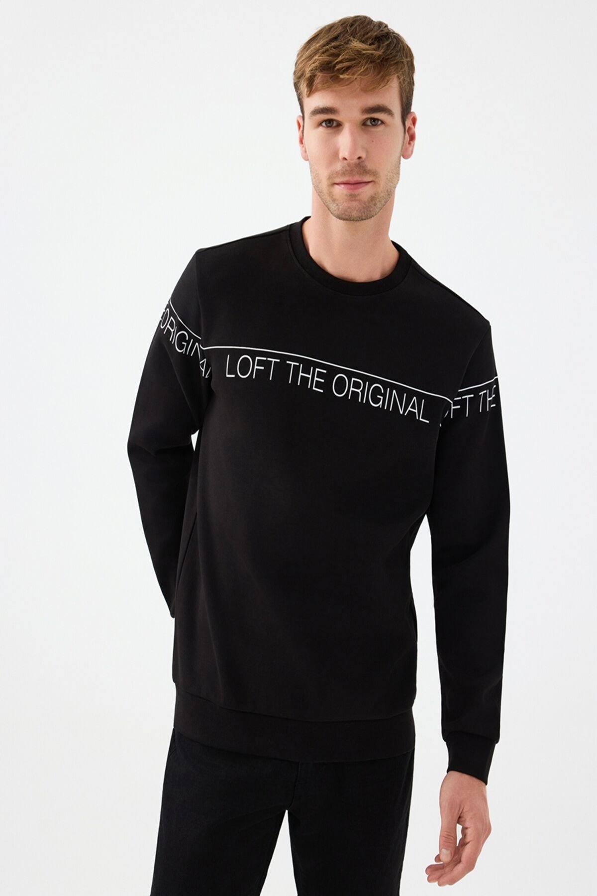 Loft LF2041075 Siyah Erkek Bisiklet Yaka Önü Baskılı İki İplik Sweat