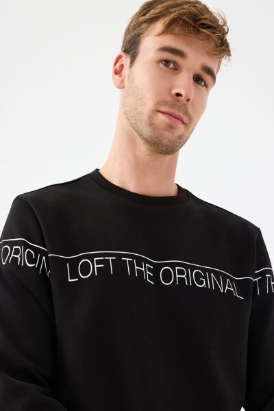 Loft LF2041075 Siyah Erkek Bisiklet Yaka Önü Baskılı İki İplik Sweat