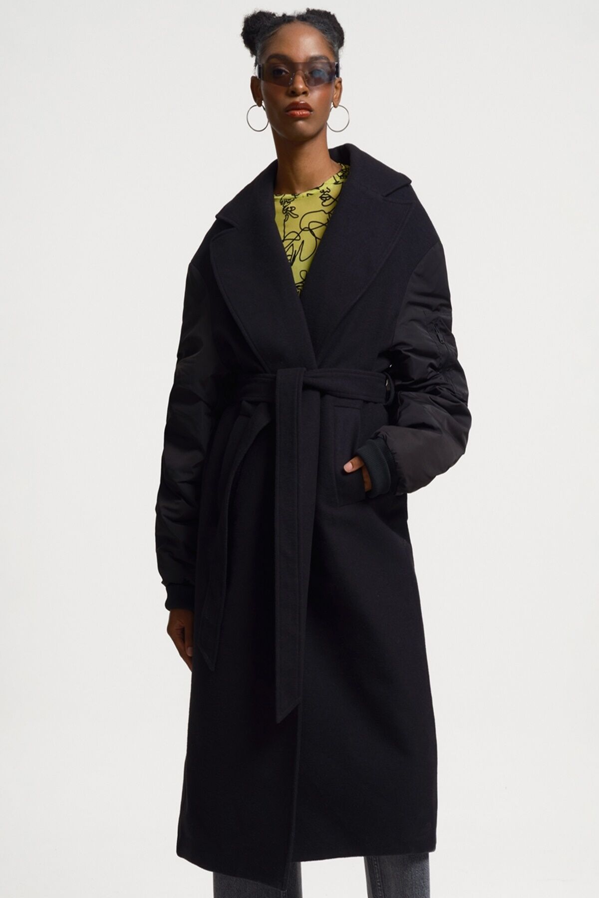 Loft 2033485 Siyah Kadın Lose Fit İçi Astarlı Kemerli Kaban