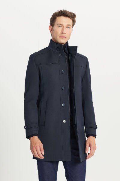 Altınyıldız ACE007261085 Lacivert Erkek Yünlü Standart Fit Normal Kesim Dik Yaka Diagonal Desenli Yan Cepli Kaban