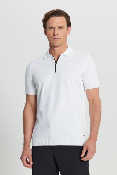 Altınyıldız ACE072252035 Ekru Erkek Yarım Fermuarlı Polo Yaka T-shirt