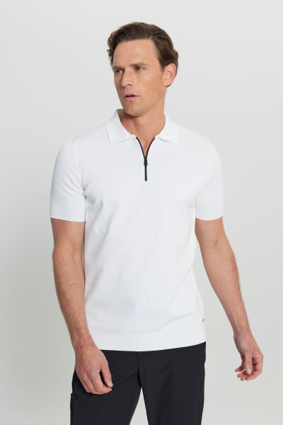 Altınyıldız ACE072252035 Ekru Erkek Yarım Fermuarlı Polo Yaka T-shirt
