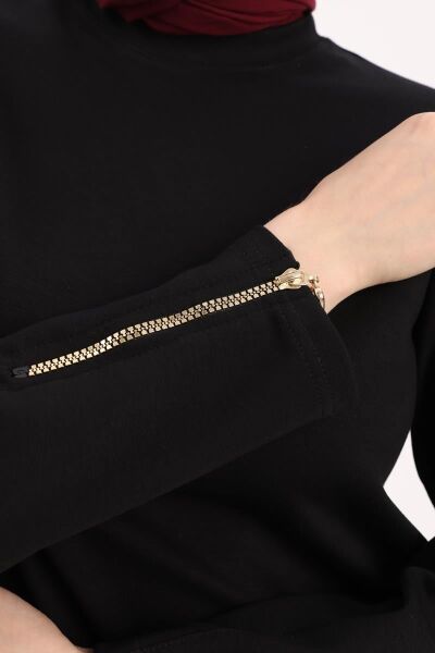 Allday 25OB50242AL0 Siyah Kadın Bisiklet Yaka Kolları Fermuar Detaylı Tunik