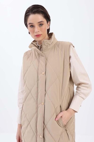 Allday 24DB88008AL0 Bej Kadın Çift Cepli Relax Fit Fermuar Çıtçıtlı Kapitone Yelek