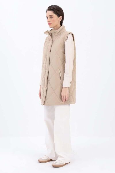 Allday 24DB88008AL0 Bej Kadın Çift Cepli Relax Fit Fermuar Çıtçıtlı Kapitone Yelek