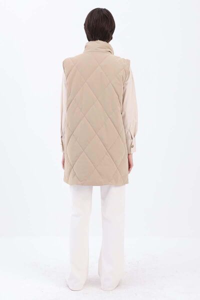 Allday 24DB88008AL0 Bej Kadın Çift Cepli Relax Fit Fermuar Çıtçıtlı Kapitone Yelek