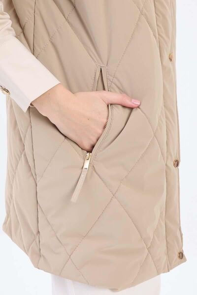 Allday 24DB88008AL0 Bej Kadın Çift Cepli Relax Fit Fermuar Çıtçıtlı Kapitone Yelek