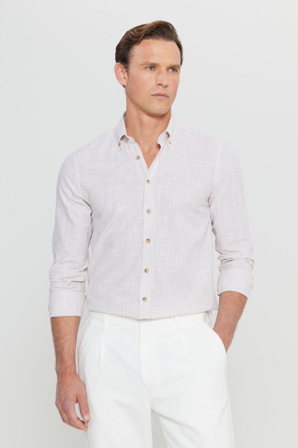 Altınyıldız ACE020252168 Bej Erkek Steno Taılored Slim Fit Spor Gömlek