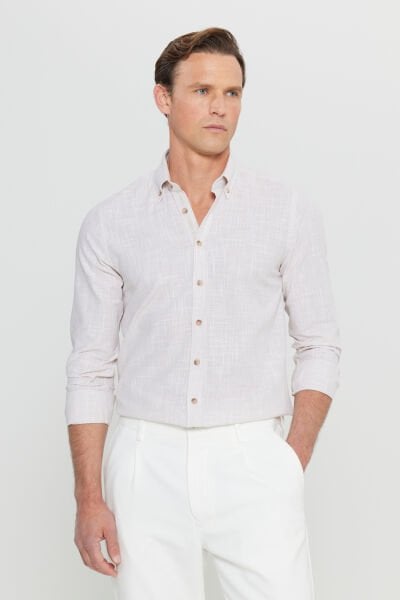 Altınyıldız ACE020252168 Bej Erkek Steno Taılored Slim Fit Spor Gömlek