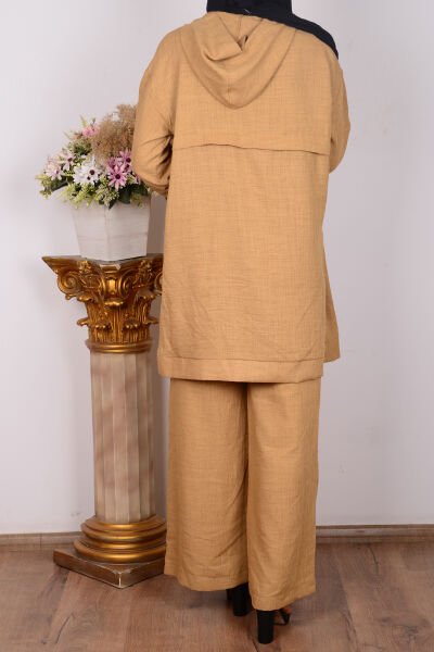 Armine 24YT638 Karamel Kadın Kapişonlu Önden Fermuarlı Üst Geniş Paça Pantalonlu Takım
