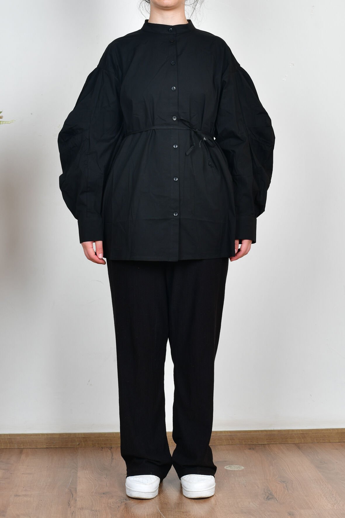 Allday X51314A0 Siyah Kadın İnce Kuşaklı Pileli Likralı Poplin Gömlek