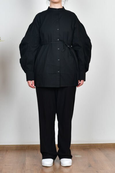 Allday X51314A0 Siyah Kadın İnce Kuşaklı Pileli Likralı Poplin Gömlek