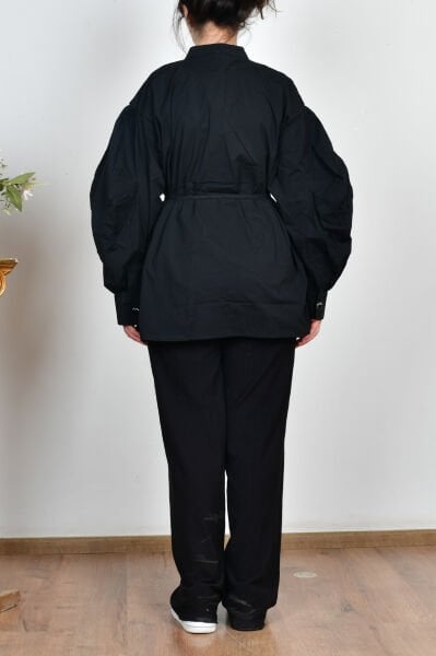 Allday X51314A0 Siyah Kadın İnce Kuşaklı Pileli Likralı Poplin Gömlek