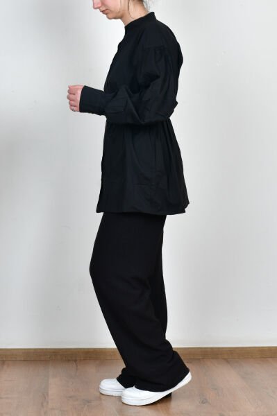 Allday X51314A0 Siyah Kadın İnce Kuşaklı Pileli Likralı Poplin Gömlek