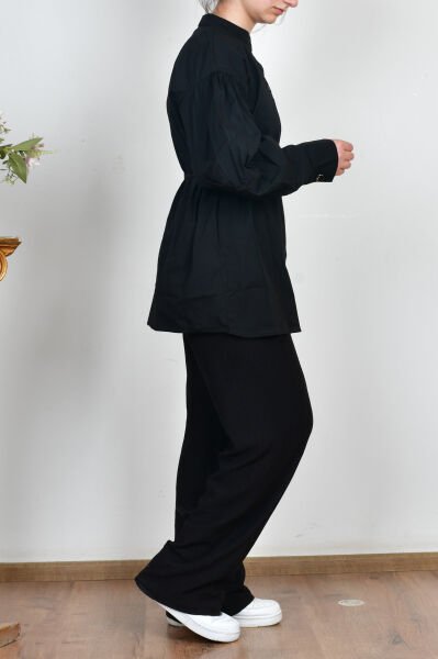 Allday X51314A0 Siyah Kadın İnce Kuşaklı Pileli Likralı Poplin Gömlek