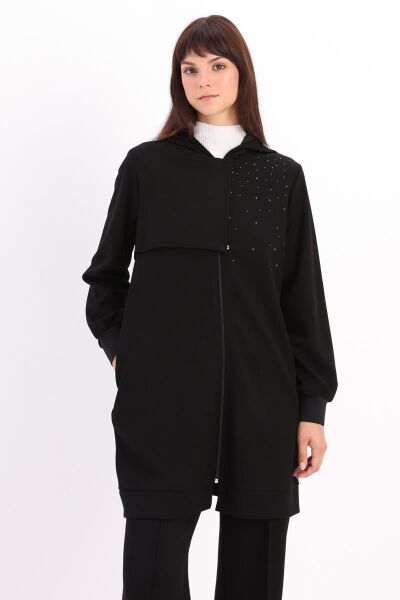 Allday 25OB93150AL0 Siyah Kadın Kapüşonlu Full Fermuarlı İki İplik Hırka