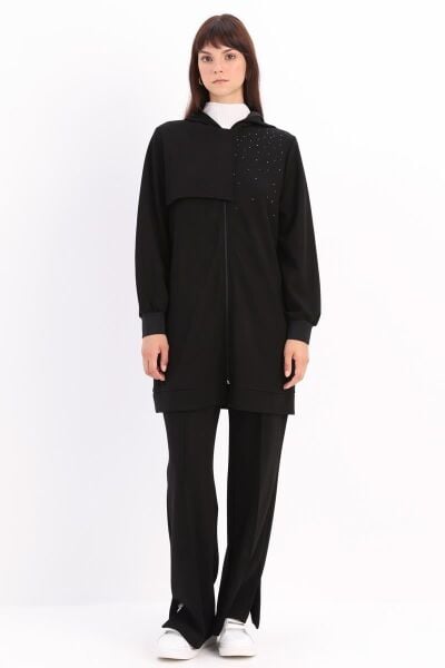 Allday 25OB93150AL0 Siyah Kadın Kapüşonlu Full Fermuarlı İki İplik Hırka