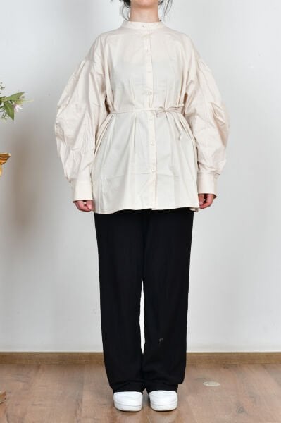 Allday X51314A0 Taş Kadın İnce Kuşaklı Pileli Likralı Poplin Gömlek