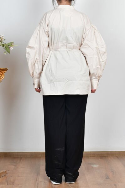 Allday X51314A0 Taş Kadın İnce Kuşaklı Pileli Likralı Poplin Gömlek