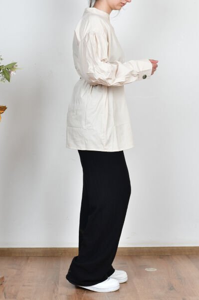 Allday X51314A0 Taş Kadın İnce Kuşaklı Pileli Likralı Poplin Gömlek