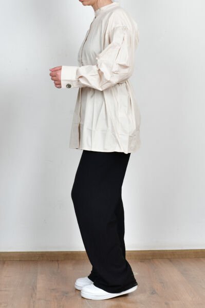 Allday X51314A0 Taş Kadın İnce Kuşaklı Pileli Likralı Poplin Gömlek