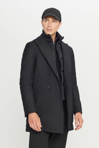 Altınyıldız ACE007261047 Siyah Erkek Standart Fit Normal Kesim Geniş Kırlangıç Yaka Yan Cepli Kaban