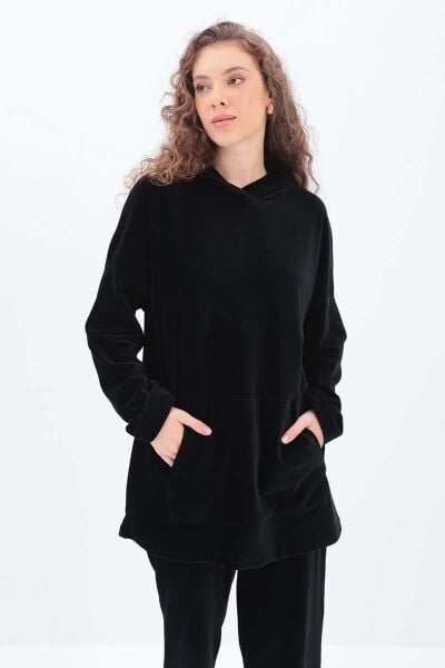 Allday 25OW30070AL0 Siyah Kadın Belden Lastikli Pantolonlu Kapüşonlu Kanguru Cepli Üstlü Kadife Takım