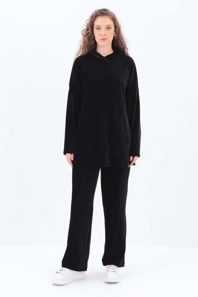 Allday 25OW30070AL0 Siyah Kadın Belden Lastikli Pantolonlu Kapüşonlu Kanguru Cepli Üstlü Kadife Takım