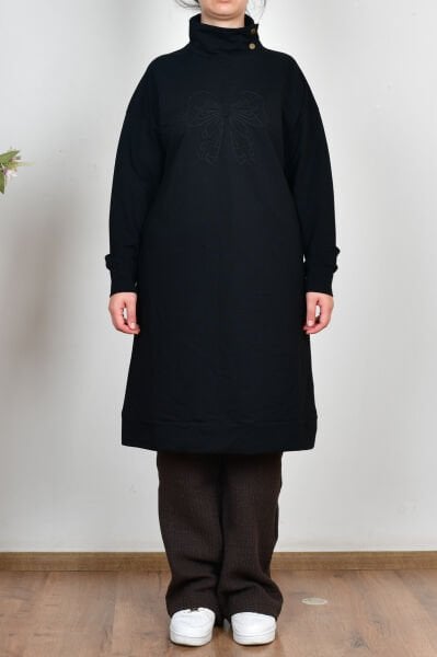 Allday B50298A0 Siyah Kadın Pamuklu Dik Yakalı Tunik