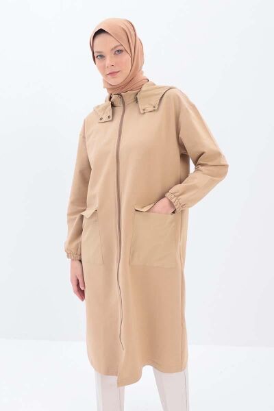 Allday 25OB93148AL0 Bej Kadın Boydan Fermuarlı Önden Cep Detaylı Tak Çıkar Kapüşonlu Giy Çık