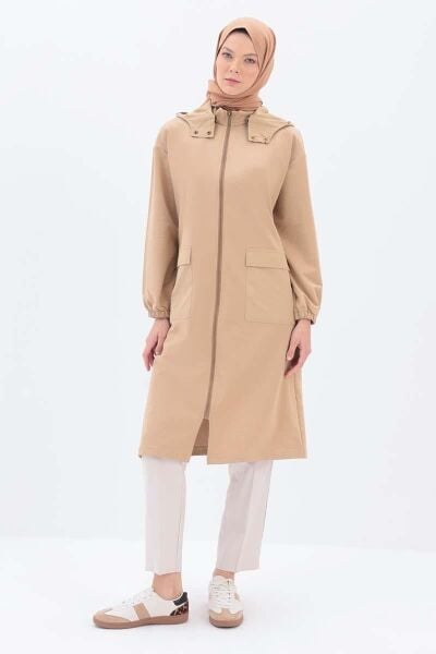 Allday 25OB93148AL0 Bej Kadın Boydan Fermuarlı Önden Cep Detaylı Tak Çıkar Kapüşonlu Giy Çık