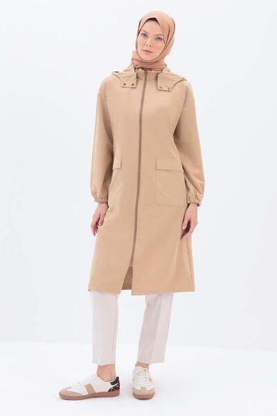 Allday 25OB93148AL0 Bej Kadın Boydan Fermuarlı Önden Cep Detaylı Tak Çıkar Kapüşonlu Giy Çık