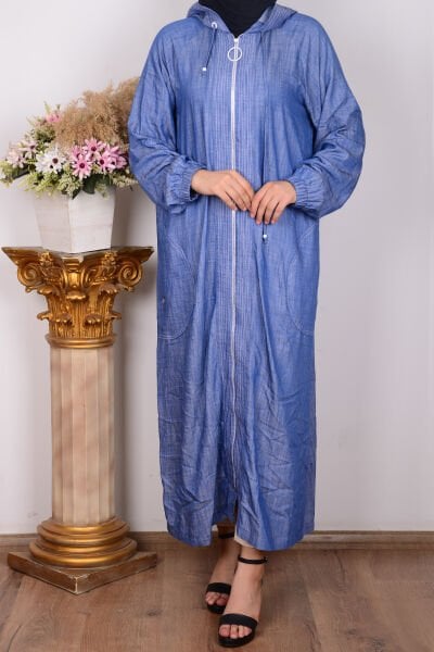 Armine 24YT564 İndigo Kadın Kapişonlu Derin Cep Detaylı Boydan Fermuarlı Kolları Lastikli Giyçık