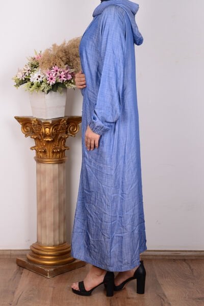 Armine 24YT564 İndigo Kadın Kapişonlu Derin Cep Detaylı Boydan Fermuarlı Kolları Lastikli Giyçık