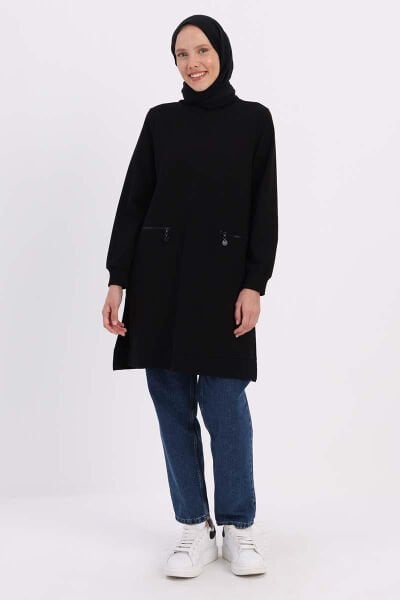 Allday 25OB52284AL0 Siyah Kadın Fermuarlı Yırtmaçlı Sweat Tunik