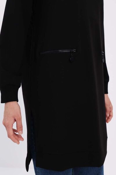 Allday 25OB52284AL0 Siyah Kadın Fermuarlı Yırtmaçlı Sweat Tunik