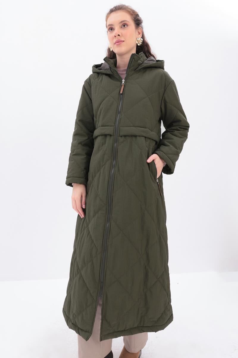 Allday 25DW80025AL0 Haki Kadın Kapüşonlı Belden Cep Detaylı Boydan Fermuarlı Kapitone Kaban