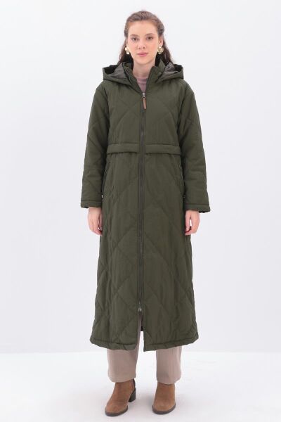 Allday 25DW80025AL0 Haki Kadın Kapüşonlı Belden Cep Detaylı Boydan Fermuarlı Kapitone Kaban