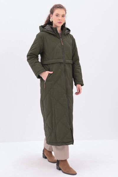Allday 25DW80025AL0 Haki Kadın Kapüşonlı Belden Cep Detaylı Boydan Fermuarlı Kapitone Kaban